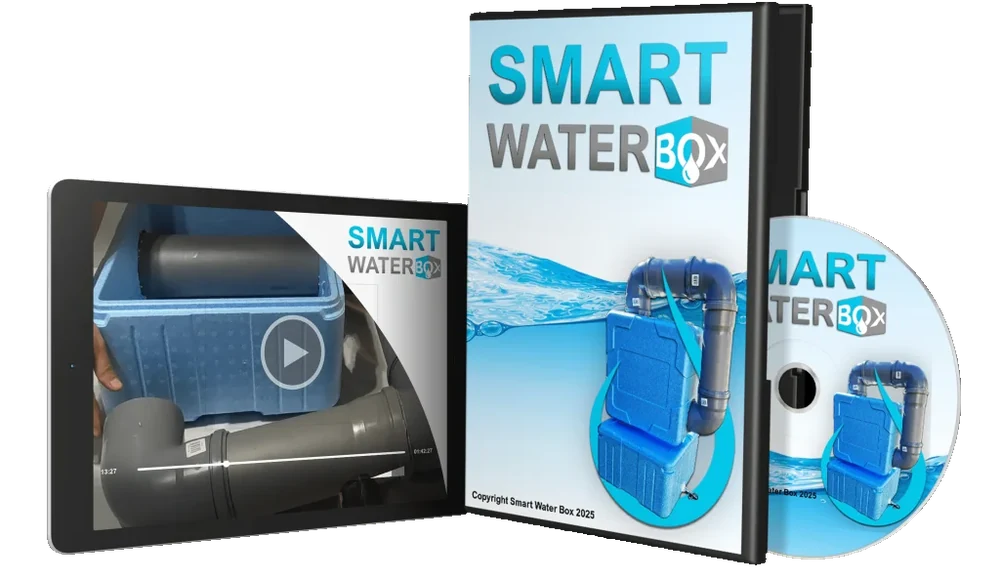 Smart Water Box guide box, disc and a tablet showing the video walkthrough of a blue box and grey pipe assembly
